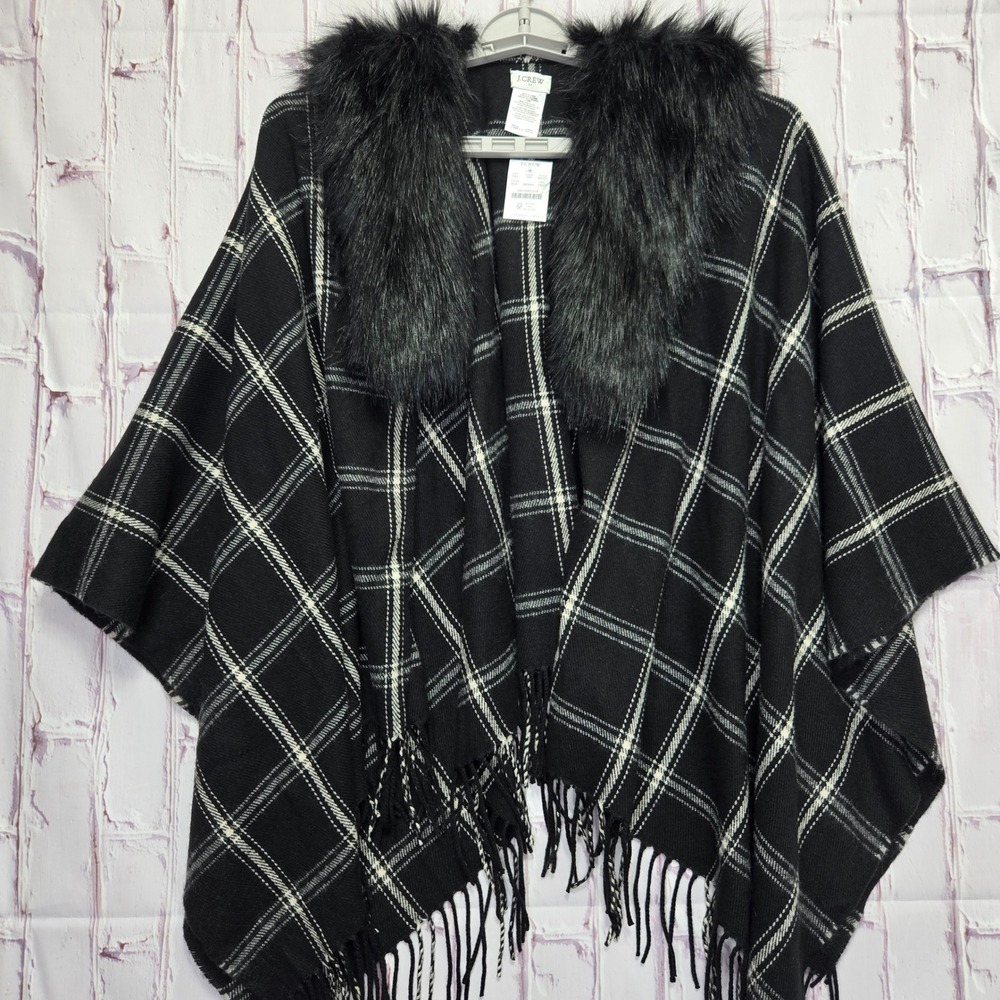 J.Crew Poncho Shawl Black Plaid Faux Fur Collar Fringe Wrap Warm Women One Size